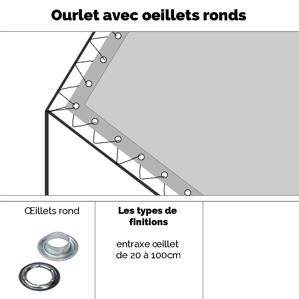 bâche tonnelle fixation avec oeillets ronds et sandow